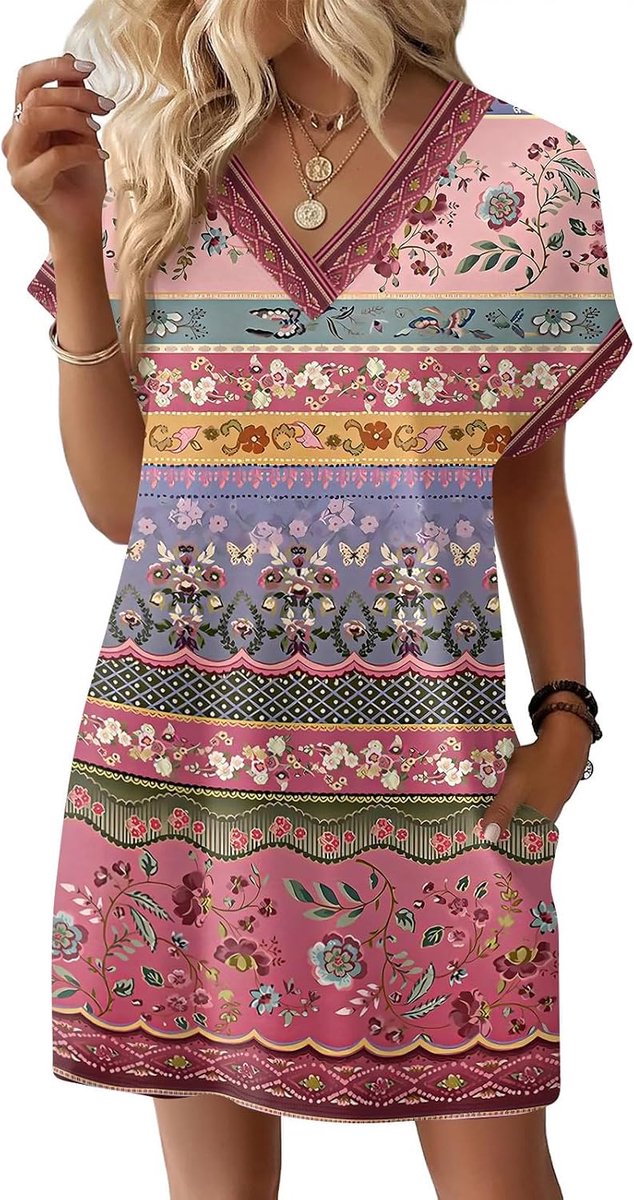 Damen Sommerkleid Vintage Ethnostil Blumenmuster Leicht Casual Midikleid Kurzarm A-Linie Freizeitkleid Luftige Strandkleid Swing Partykleid Bohemian V-Ausschnitt Tunika Kleid