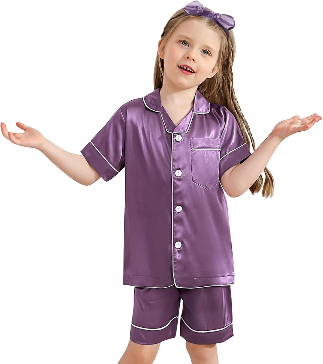 Pyjama Meisjes Jongens Zijden Set met Haarband Knopen Pyjama Nachtkleding Loungkleding Kledingset