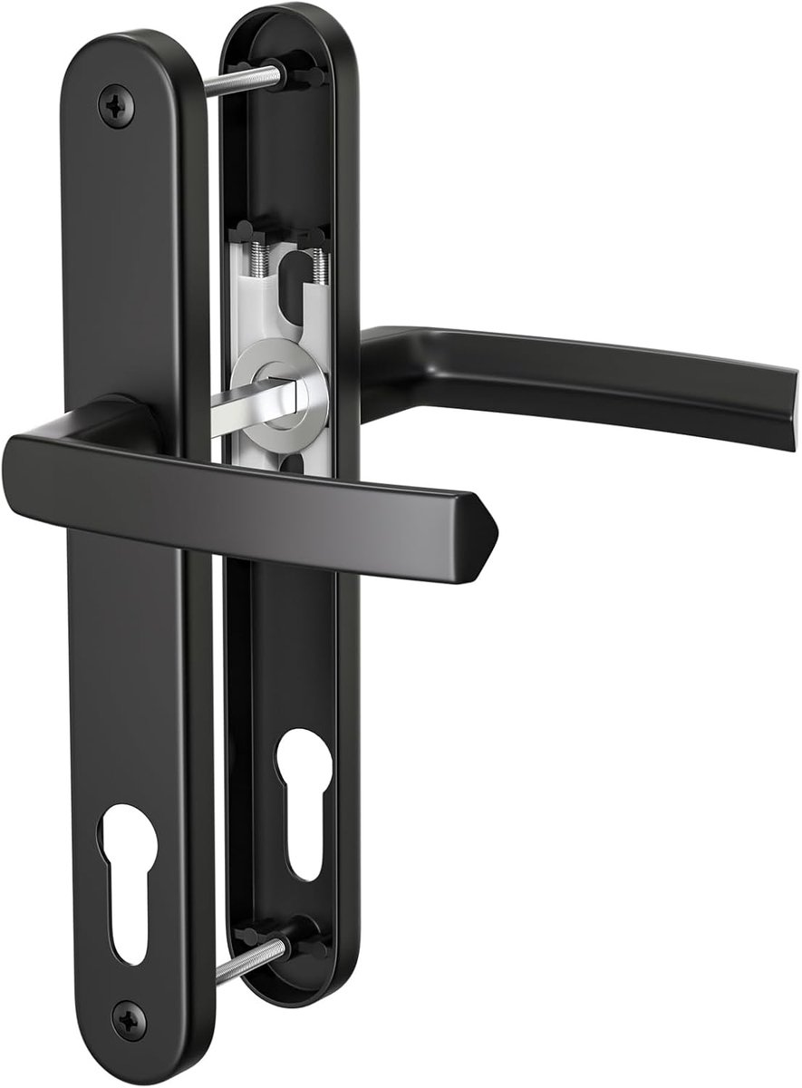 1 set zwarte UPVC aluminium deurklink, 92 mm PZ (midden), achterplaat 243 mm, 210 mm schroef naar schroef, zwarte vervangende PVC-deurklink