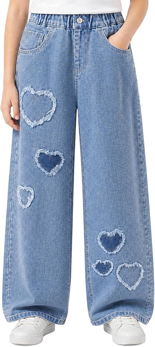 Jeans Meisjes Baggy Wijde Jeans Broek Denim Broek Met Elastische Taille Denim Broek Casual Blauwe Broek Wijde Benen Hart Appliqué Stretch Jeans Streetwear Mode Broek Voor 9-10 Jaar,Maat 146