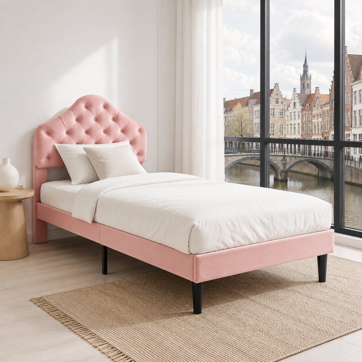 WUVRIE Gestoffeerd bedframe 90x200 cm met verstelbaar hoofdbord en lattenbodem, roze
