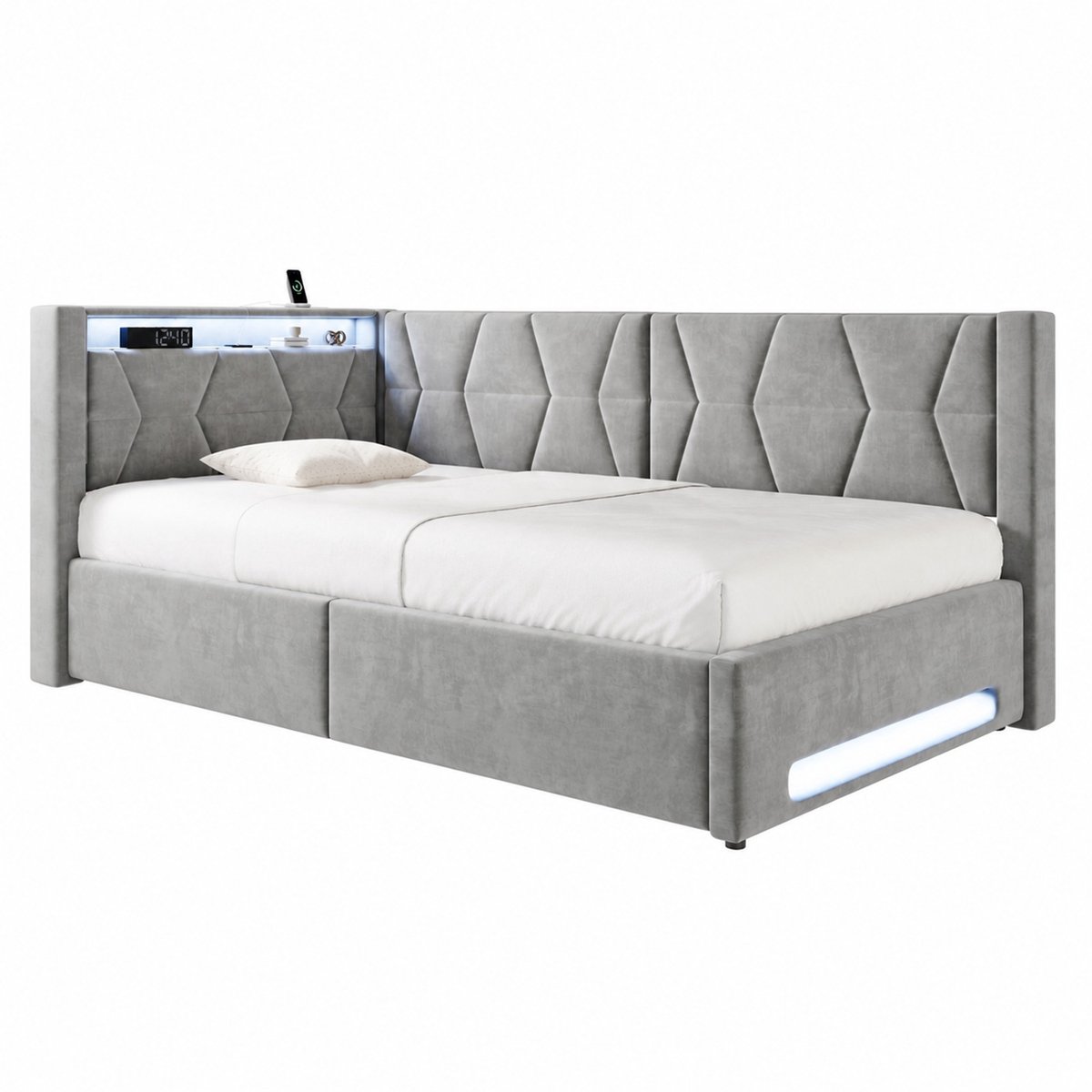 WUVRIE Polsterbed 90x200 cm met opbergruimte, LED, USB en Type-C, lattenbodem en hydraulische bedkast, donkergrijs