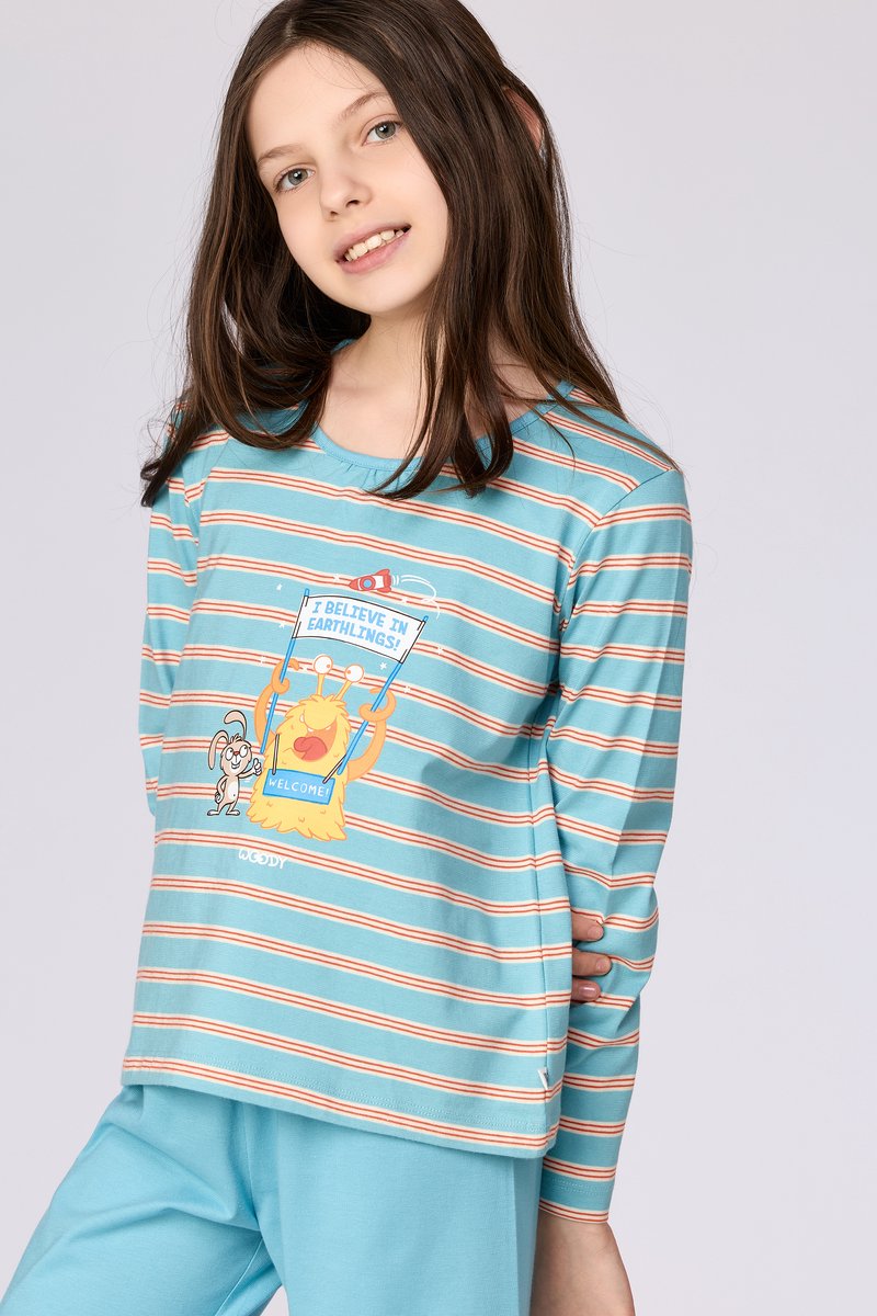 Woody Meisjes-Dames pyjama blauwe streep - maat 092/2J