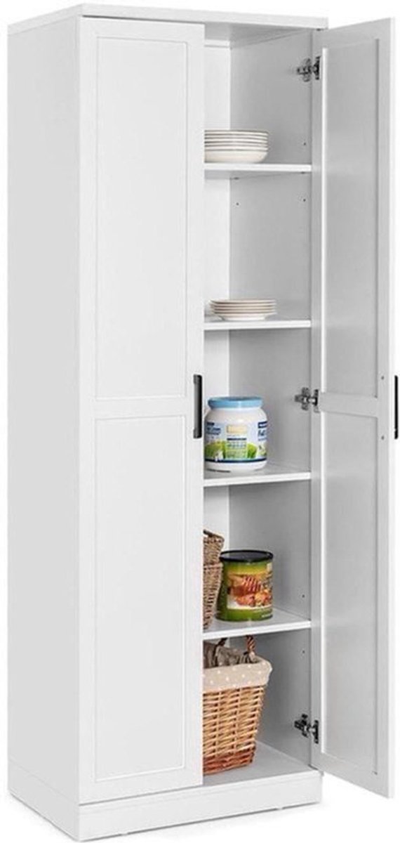 Opbergkast – Keukenkast – Kast Met Deuren – Boekenkast – Stellingkast – Hoog Model – Verstelbare Planken – Anti-Kantel Systeem – Wit – Vrijstaand – MDF & Metaal