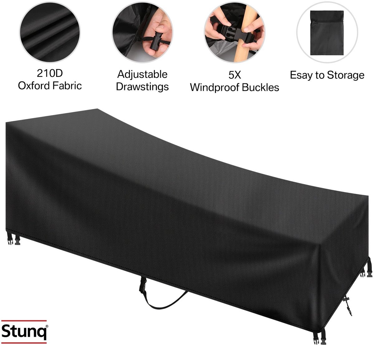 Stunq Waterdichte Patio Lounge Chair Cover 210D Oxford Tuinligbed Beschermhoes Heavy Duty – Zwart