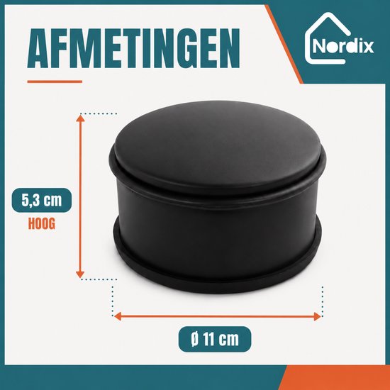 Zwarte ronde deurstopper met afmetingen 5,3 cm hoog en 11 cm diameter. Tekst: 'AFMETINGEN'.