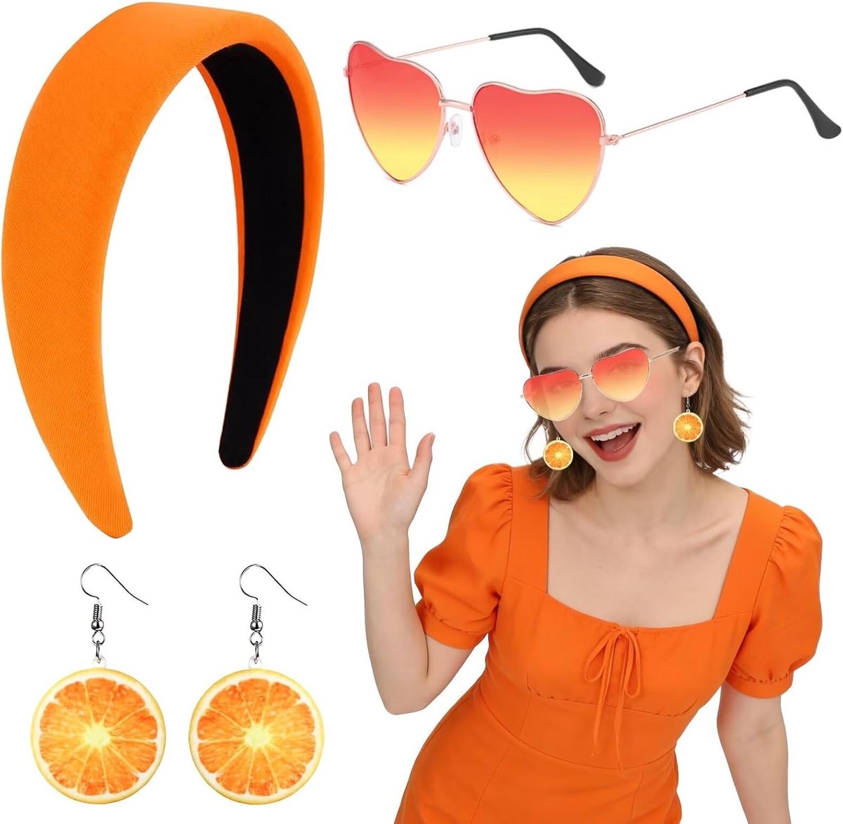 Carnaval Kostuum Accessoires voor Dames, Oranje Haarband + Oorbellen met Oranje Schijven + Hartvormige Zonnebril voor Feestjes en Cocktailrecepties