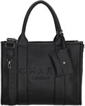 Zwarte Charm London tas met reliëf logo "CHAR LONDON" en een verstelbare schouderband met "CHARM LONDON" tekst.