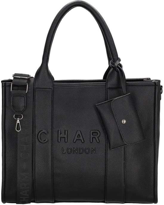 Zwarte Charm London tas met reliëf logo "CHAR LONDON" en een verstelbare schouderband met "CHARM LONDON" tekst.