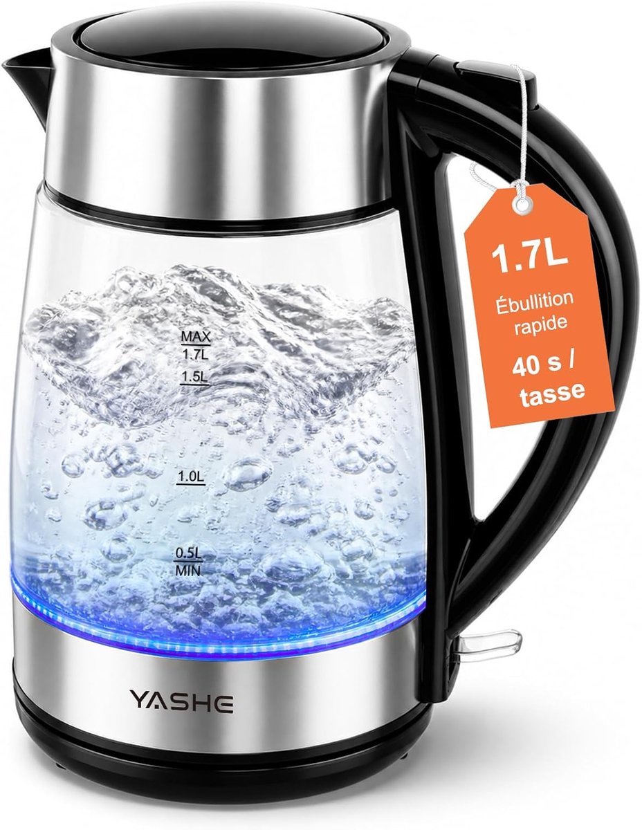 YASHE glazen waterkoker - 1,7 L - 2200 W - blauwe led