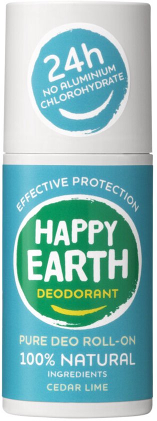 Happy Earth Pure Deo Roll-On in geur Cedar Lime. 100% natuurlijk, 24 uur bescherming, zonder aluminium.