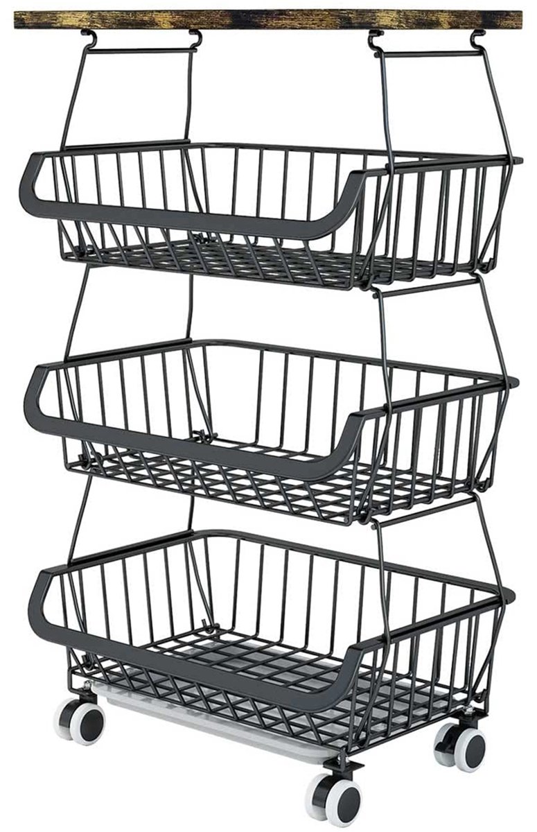 PIPIPOXER Keukentrolley Op Wieltjes - Keukentrolley - Metalen Serveerwagen - 4-laags groente- en fruitrek op wielen - - Keukenrek - Trolley - Keukenkast - Keuken - Zwart