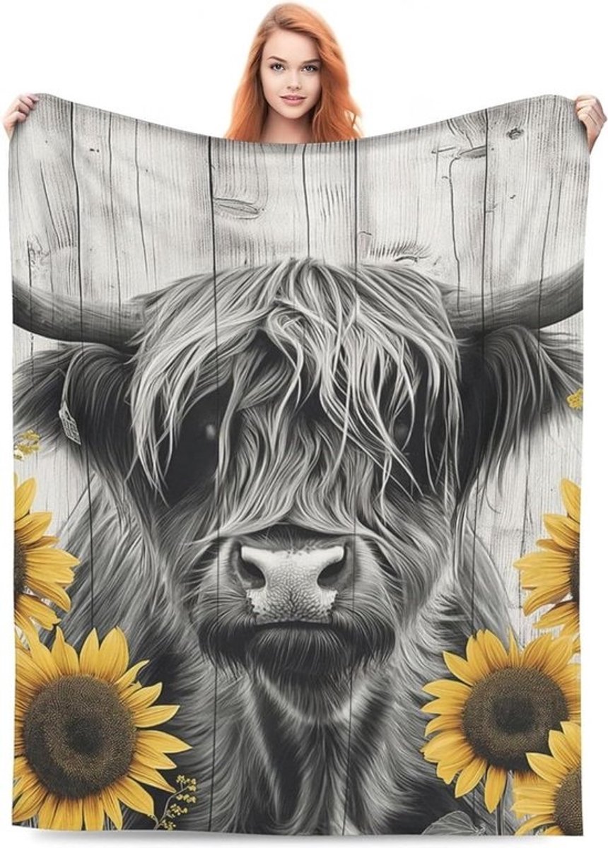Highland Cow Deken - Plaid Plaid - Gezelligheid en Decoratie - Zacht Flanelmateriaal - 127 x 152 cm - Zwart Wit