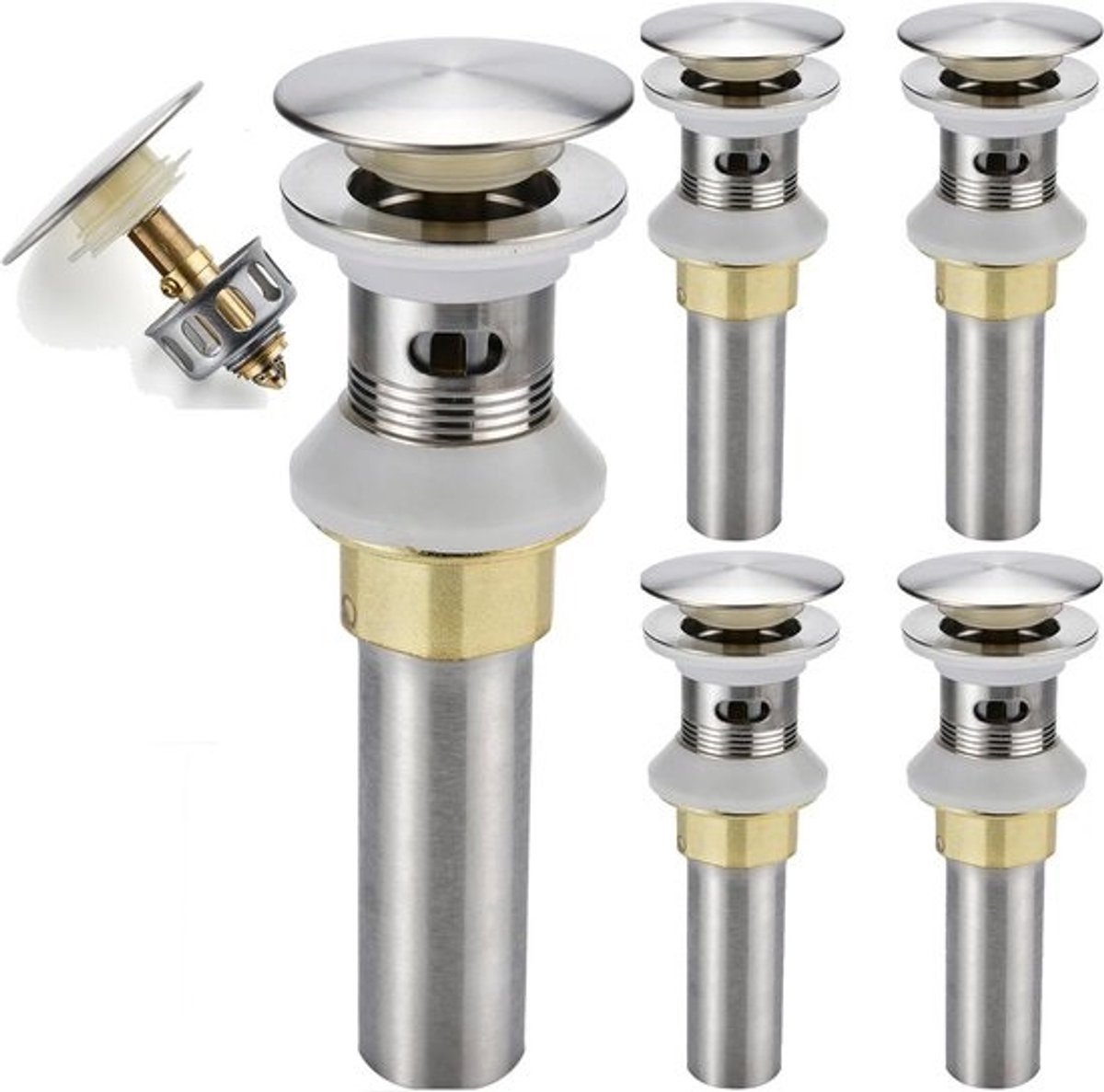 Wastafelafvoer - Afvoerstop badkamer - Voorkomt verstopping - Met afneembare zeefmand - 5-pack - Geborsteld nikkel
