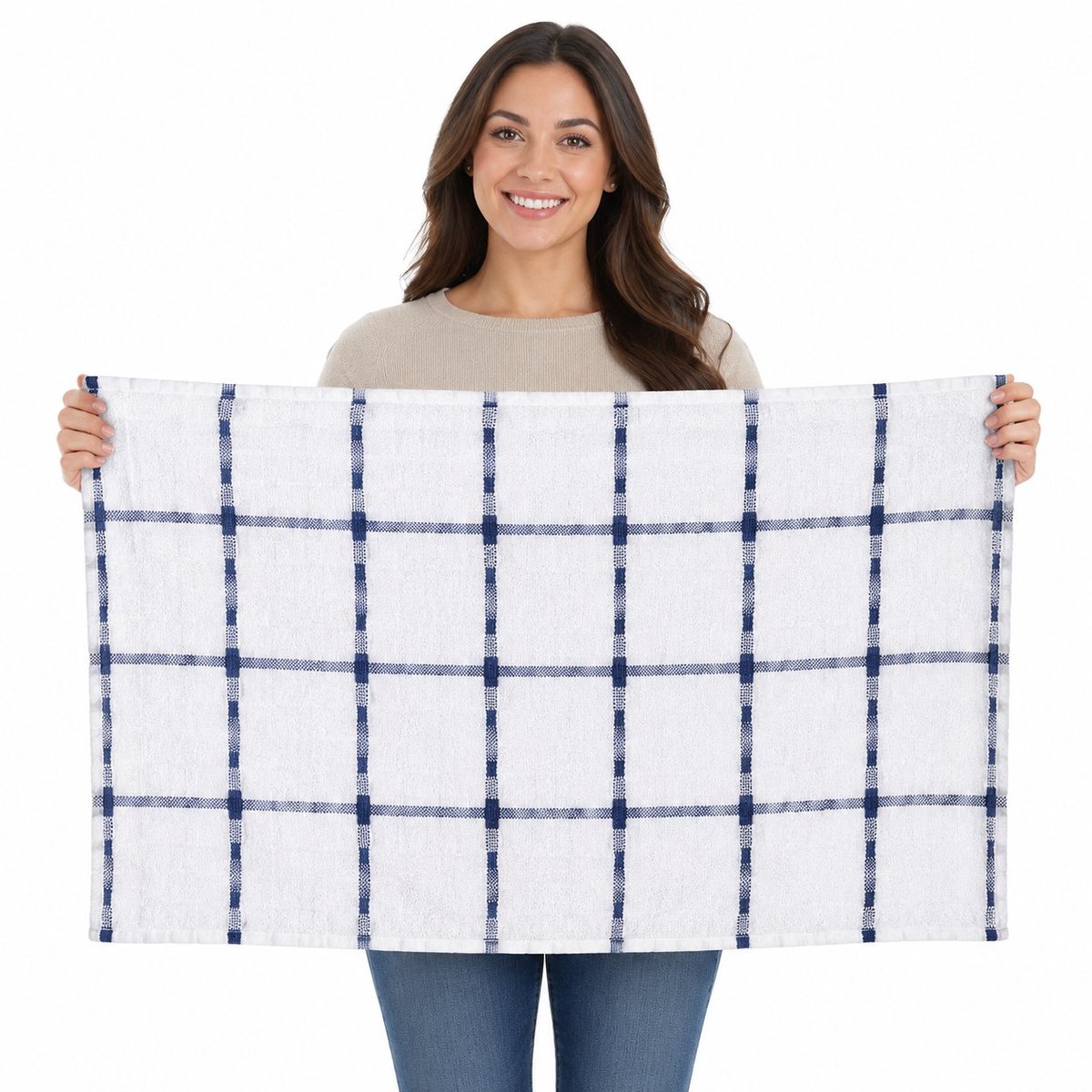 R&H® 12 Keukenhanddoeken Set – 38 x 64 cm – 100% Ringgesponnen Katoen – Absorberend & Duurzaam – Marineblauw/Wit