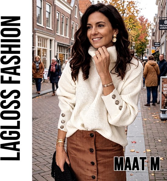 LaGloss® Comfortabele Dames Coltrui Wit – Gebreide Trui met Lange Mouwen en Decoratieve Knopen – Maat M