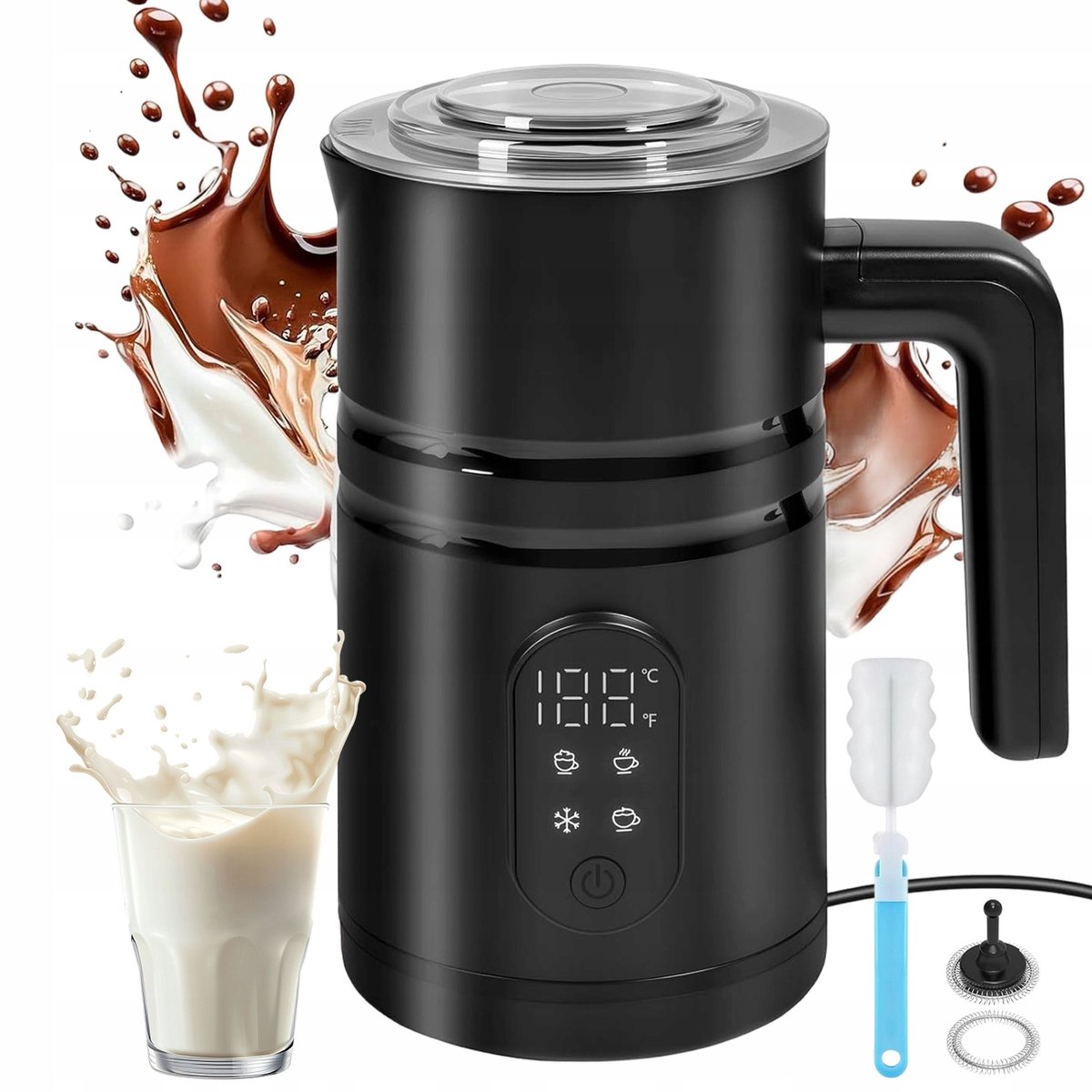 Elektrische Melkopschuimer - 4-in-1 Melkklopper - Koffieschuimer - 350 ml - Warm & Koud Schuim - 304 RVS Antiaanbak - 60-70°C - Automatische Uitschakeling - Antislip Handgreep - Milk Frother - Voor Latte & Cappuccino & Macchiato - Zwart