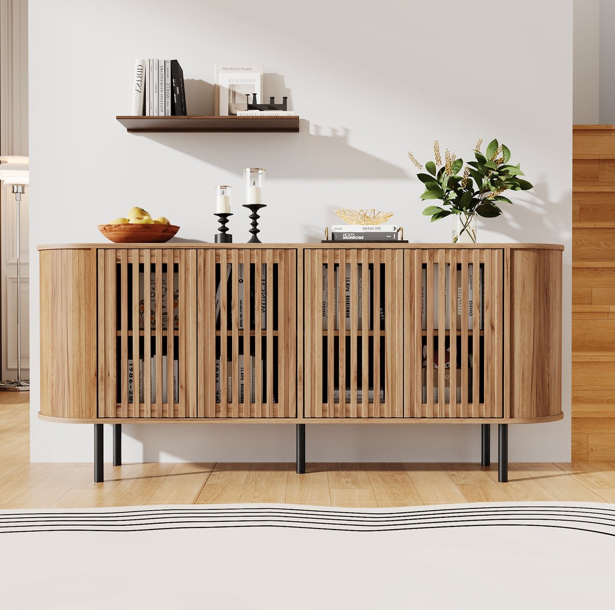 Dressoir - Perforatie Schuifdeuren En Verstelbare Planken - Woonkamer En Hal - MDF - Naturel - 160x40x70 Cm