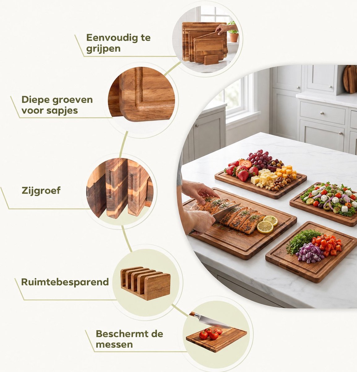 R&H® Snijplankenset 4-delig Massief Acaciahout met Opbergstandaard, Antislip en Sapgroef - 40x30, 33x24, 26x18, 21x15 cm