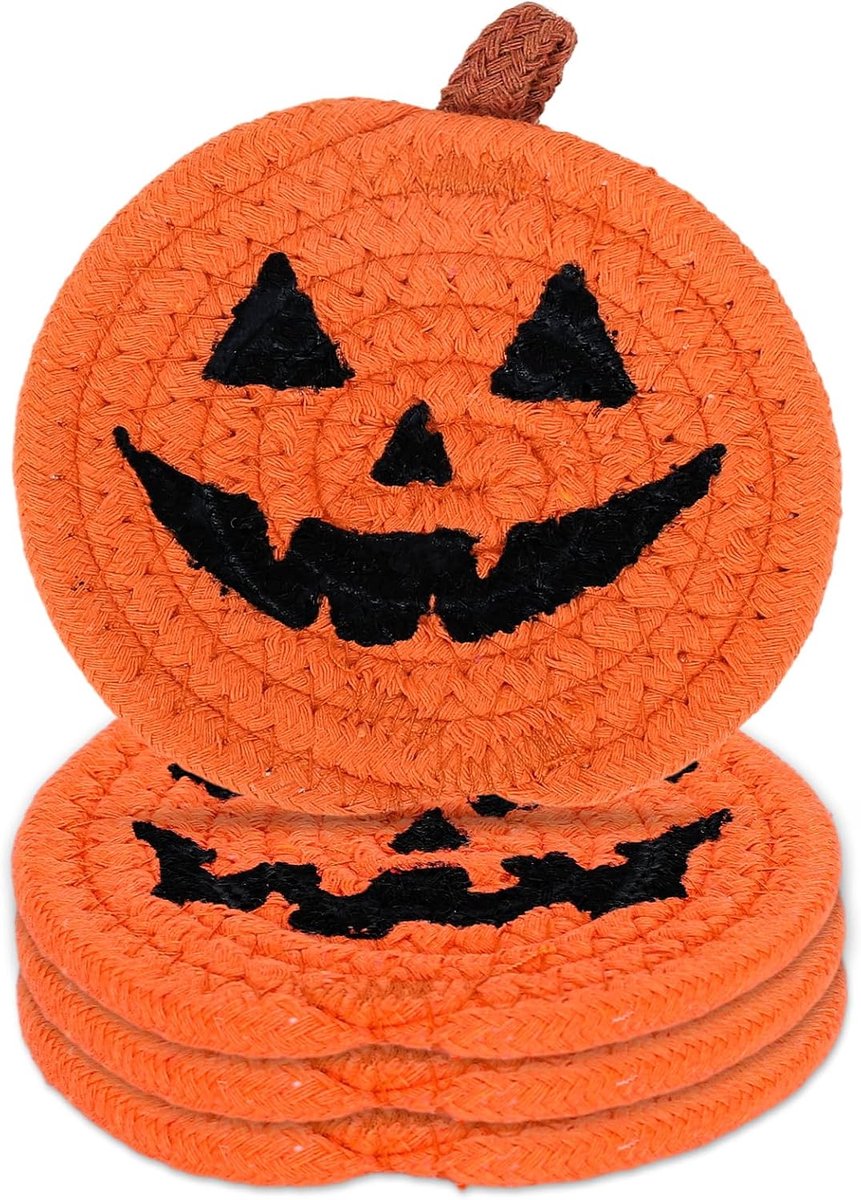 Onderzetters voor Glazen - 5 Stuks Onderzetters - Gehaakte Katoenen Pompoen Onderzetters - Absorberend - Oranje en Zwart - Voor Tafel - Feestjes en Halloween