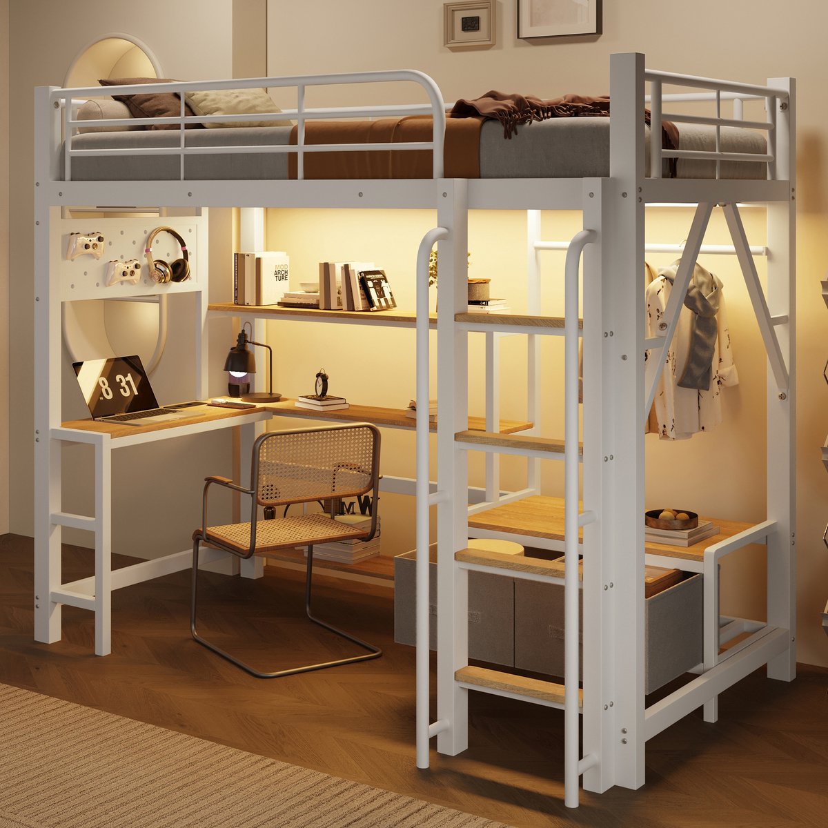Clruro Hoogslaper 140x200 cm - Met Bureau, LED Licht en USB Aansluiting - Lochwand, Legplanken en Stoffen Laden - Metaal/MDF - Zwart