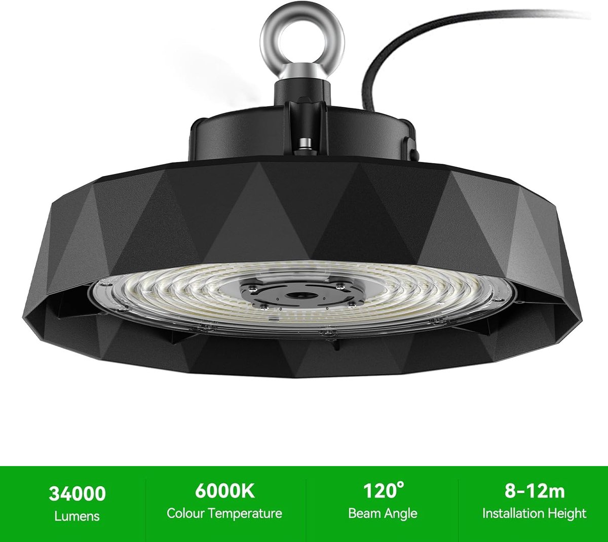 Amdelne Hanglamp - Industrieel Hanglampen - Lampenkap - Zwart - LED-diamant Industriële Hanglamp - Voor Binnen Magazijn | Sportschool | Fabriek | Garage - Plafondlamp - 200W 34000LM 6000K