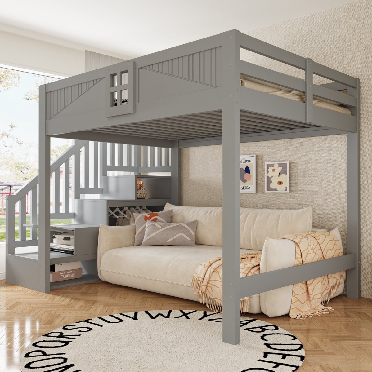 DESMIU Hoogslaper 140 x 200 cm Zonder Matras – Opbergladder Met Veiligheidshek En Raamdesign – Onderbedruimte Voor Studeren En Ontspannen – Hout – Grijs