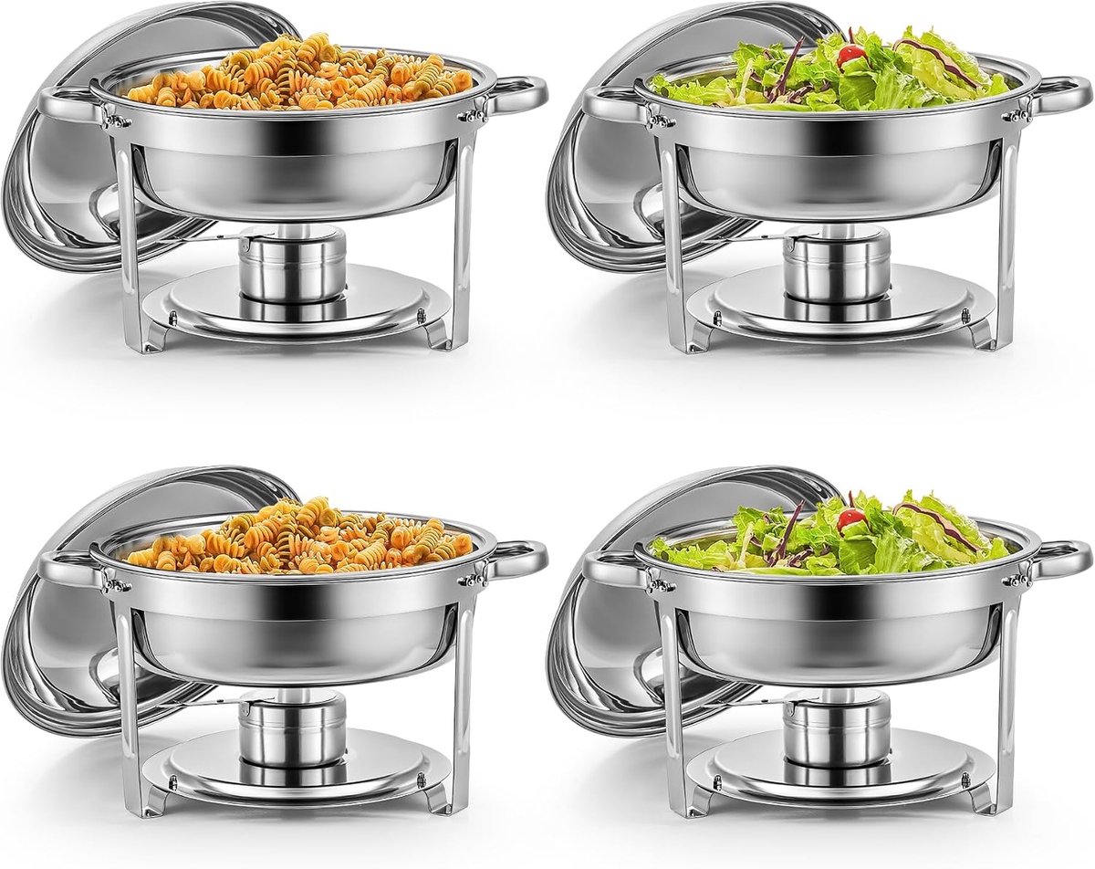 Chafing Dish Set 4 Stuks – Voedselverwarmer 5 Liter – Buffetwarmer met Brandstofhouder – Warmhoudbak voor Buffet, Catering, Feest, Bruiloft en Restaurant – RVS Voedselwarmer – Stapelbaar en Vaatwasserbestendig