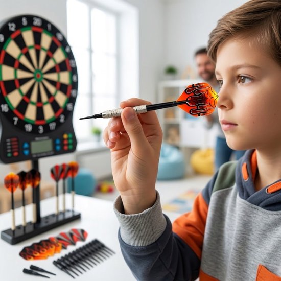 12 stuks dartpijlen soft tip – zwart goudkleurig rood oranje – dartpijlen set met vlam patroon – inclusief verwisselbare flights en zwarte kunststof dartpunten — afbeelding 3