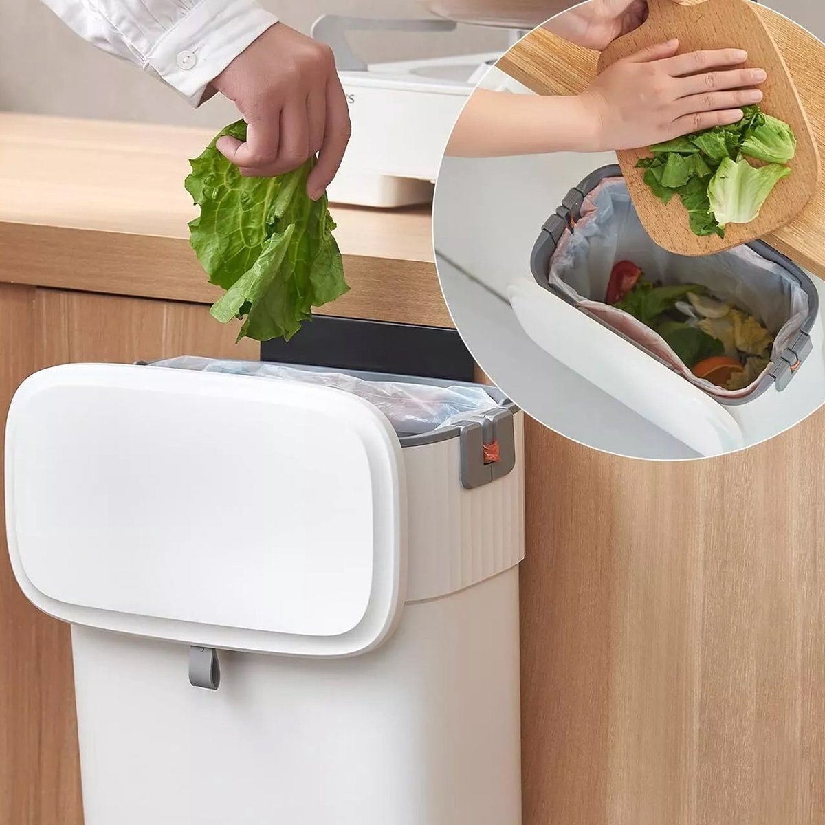 REDOM Prullenbak 15,2 x 26,6 x 27,9 cm – Afvalbak met Deksel en Trekkoord – Compacte Keuken Prullenbak voor Keuken, Badkamer en Kantoor – PP+ABS – Wit