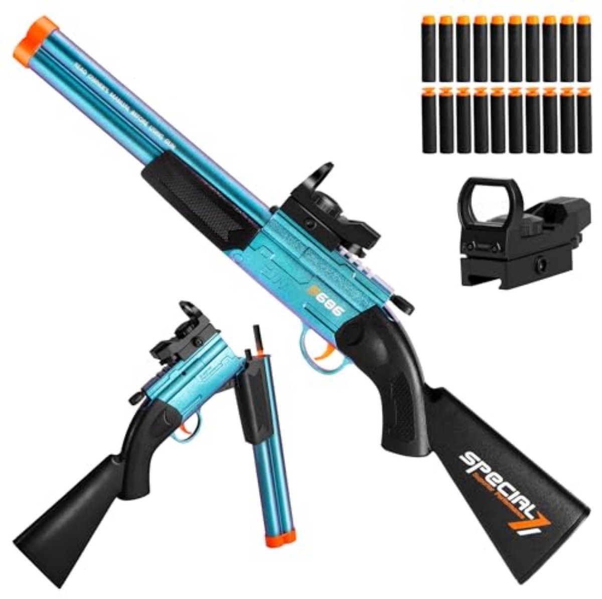 Casalora Double Barrel Shotgun Foam Blaster - Elektrisch Speelgoedgeweer met 20 Zachte Pijltjes - Inclusief 10 Zuigpijltjes en 10 Schuimpijltjes - Met Vizier - Veilig EVA Schuim - Perfect Cadeau voor Jongens 8-12 Jaar - Blauw