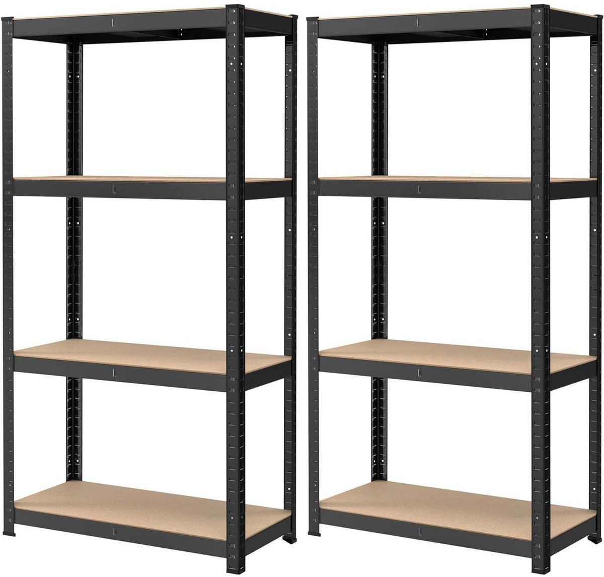 Opbergrek Set van 2 Rek Stelling Displayrek 40 x 80 x 160 cm Zwart 4 Verstelbare Planken Stevig Metalen Frame Max. statische belasting per plank 130 kg Deelbaar ontwerp Eenvoudig te monteren Geschikt voor garage kelder en berging