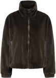 Donkerbruin, kort, faux fur jack met ritssluiting en opstaande kraag.