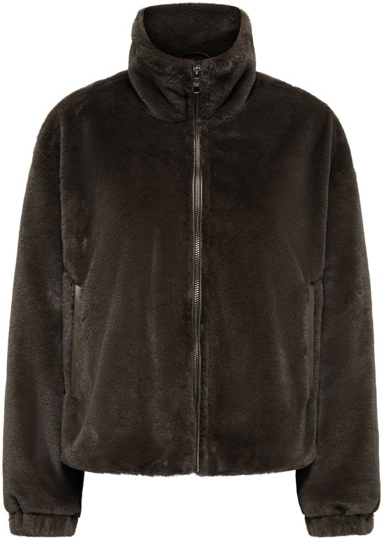 Donkerbruin, kort, faux fur jack met ritssluiting en opstaande kraag.