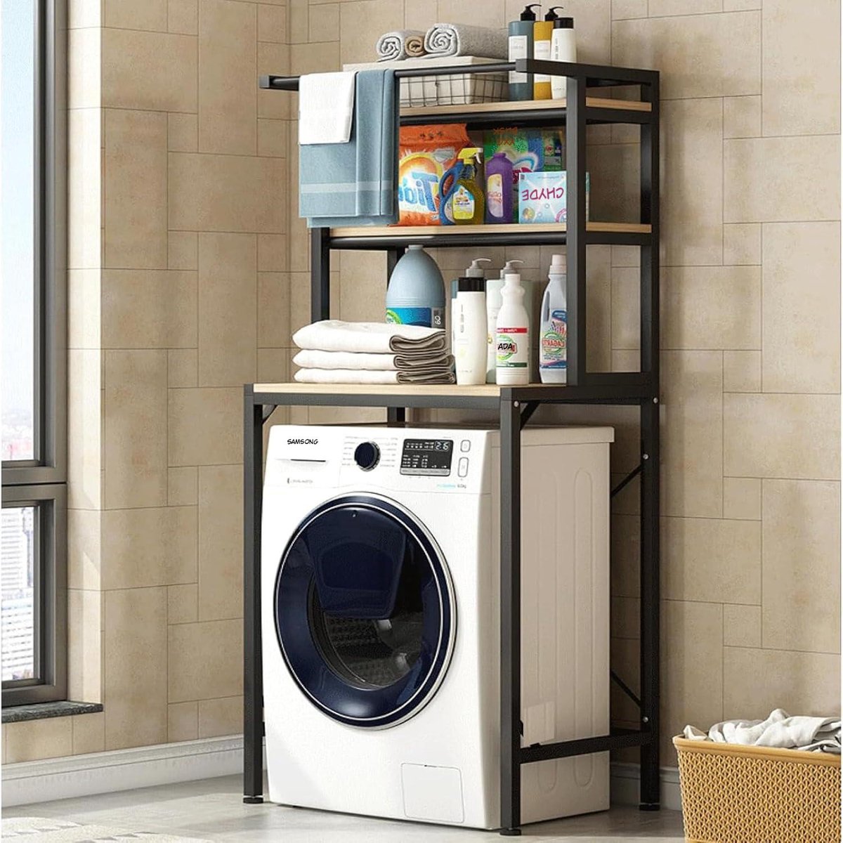 Kavo Wasmachine Rek - 3 Planken - Badkamerplanken - Wasmachinehouder Voor de Badkamer - Zwart - 69cm x 60cm x 177cm