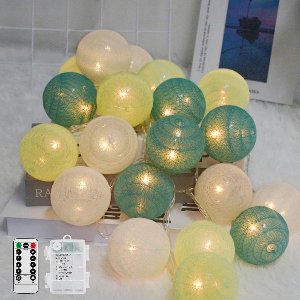 Lichtsnoer Katoenen Bollen - 20 LED - Op Batterijen - Afstandsbediening - Kerst