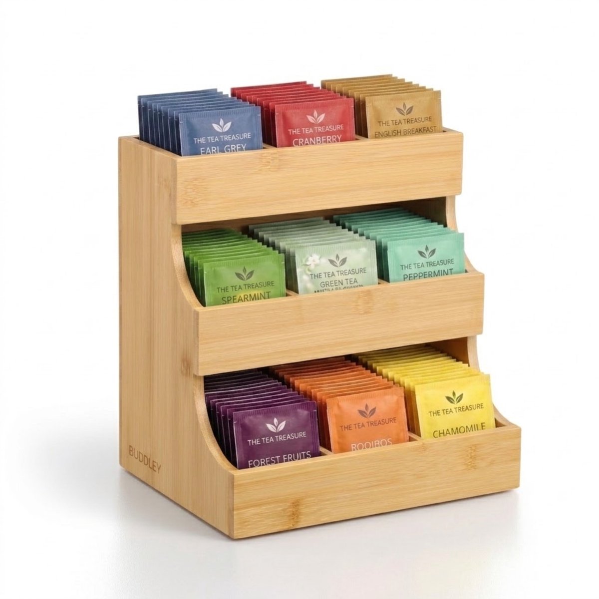 BUDDLEY Thee Organizer 9 vaks - Bamboe - Theedoos - Theehouder - Thee organiser - Display - Rekje - Thee Houder Hout - Theedozen - Theekist - Theezak organiser - Theezakjes box - Houten - Thee doos - 9 vakken - Rek - Kantoor - Tea - Staand - Zwart