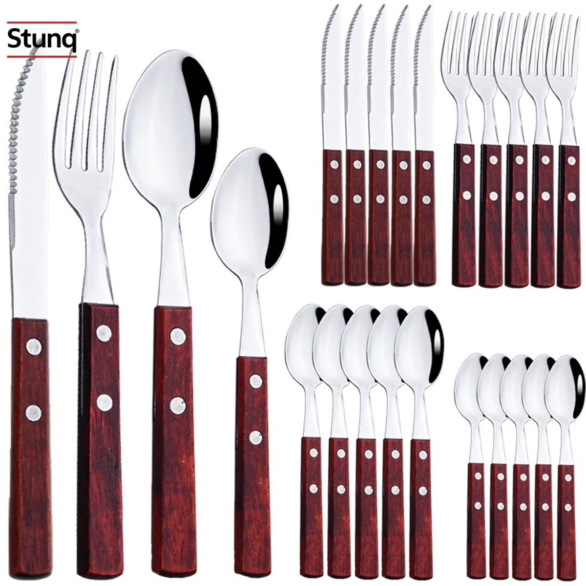 Stunq® 24-delige Bestekset RVS met Donkerrode Houten Handvatten
