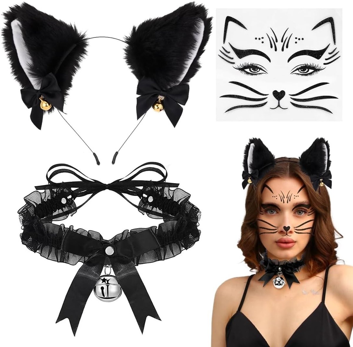 Zwarte Kat Oren Hoofdband met Kraag en Gezichtstatoeage, Haaraccessoires Set voor Cosplay, Halloween en Feestkostuums