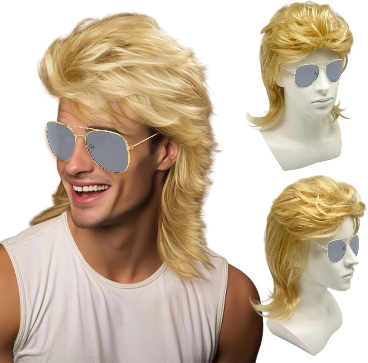 Blonde Mullet Peruk voor Mannen, 80s Rocker Stijl met Zonnebril, Perfect voor Carnaval en Halloween Kostuums