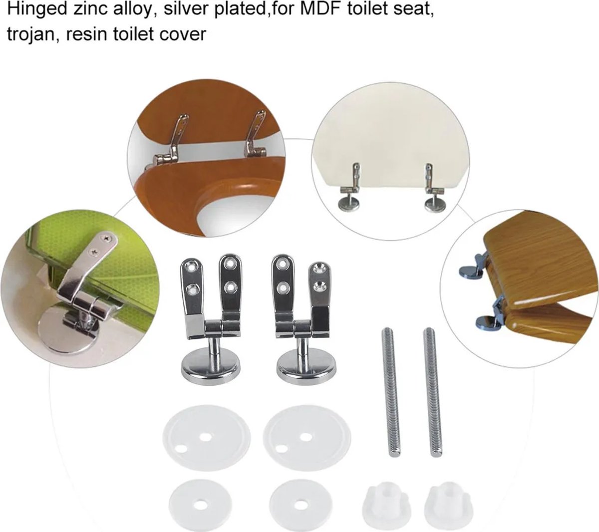 Vervangende scharnieren Geschikt voor toiletbrillen, verchroomd, inclusief montageaccessoires, badkamerhotelset.