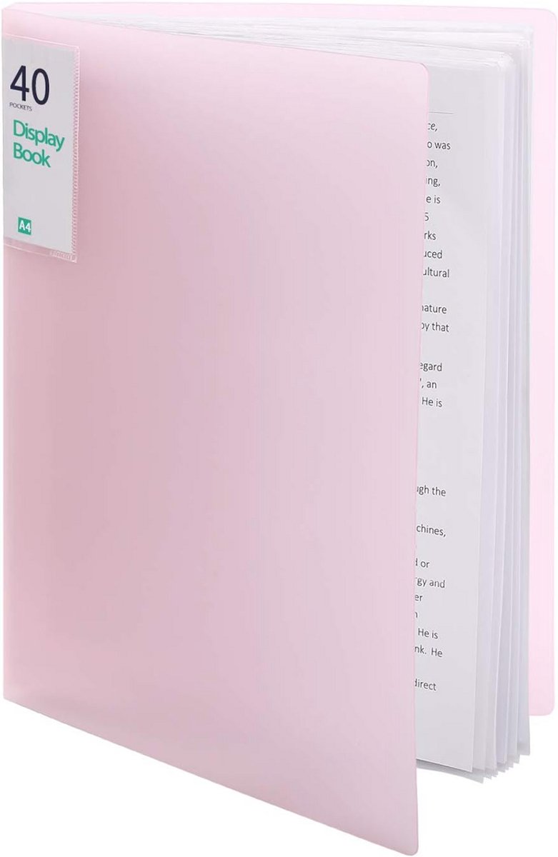 A4 Opbergmap - Displayboek met 40 Hoesjes - met Transparante Hoesjes en Omslag - Documentenmap voor Bladmuziek, Kunstwerken, Tekeningen, School, Kantoor en Zakelijk Gebruik - Roze