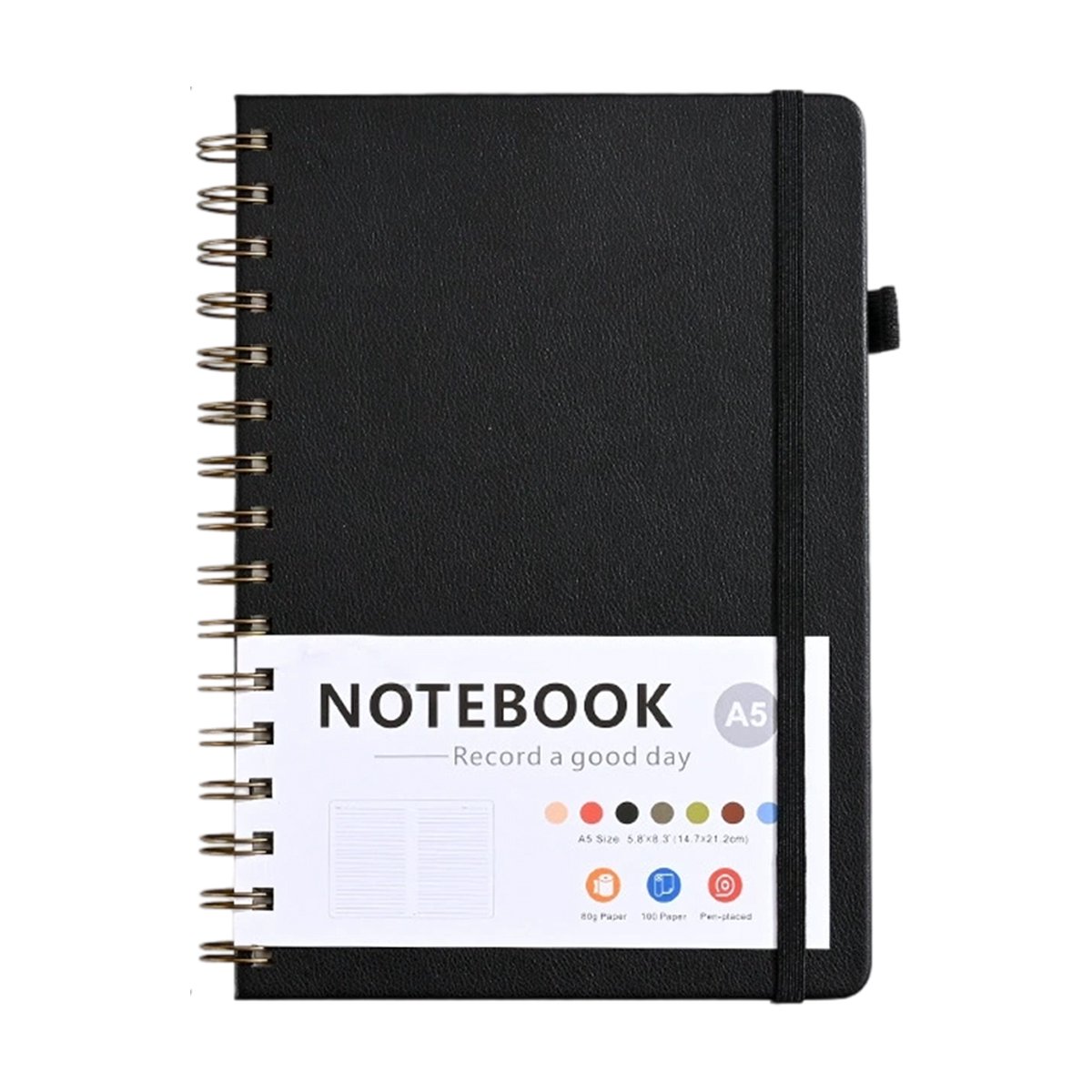 A5 Notitieboek - Gelinieerd Spiraalnotitieboek met 200 Pagina's - Met PVC Binnenvak, Penlus, Liniaal en Boekenlegger - 14,5 x 20,7 cm - Zwart