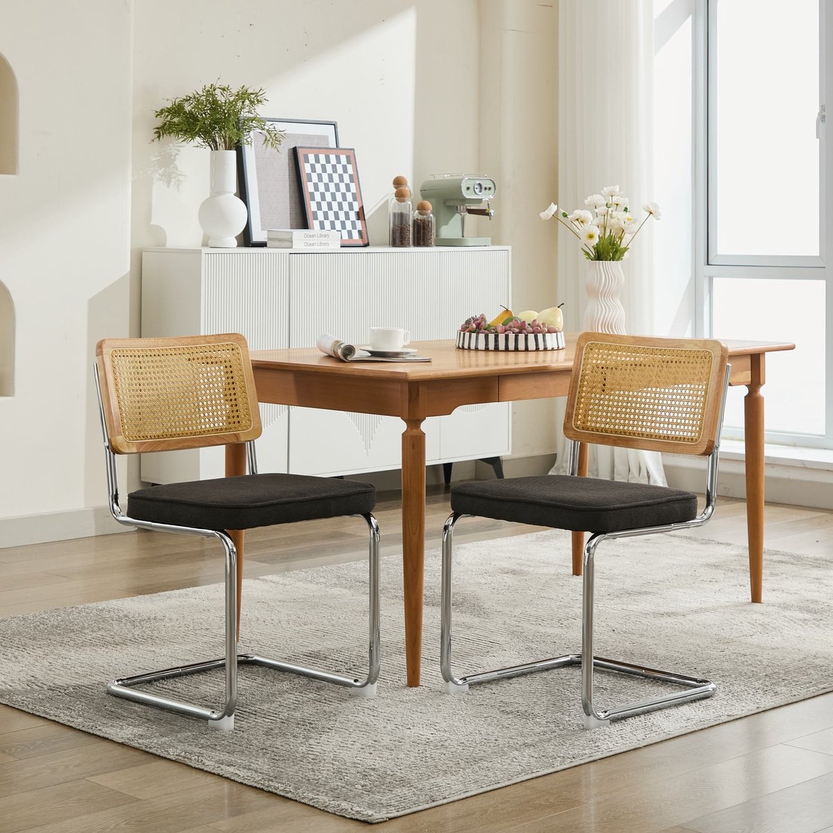 VVBV Fauteuil 59x47x81 cm – Gestoffeerde Fauteuil – Mid-Century – Modern Design – Rotan – Linnen – Zwart