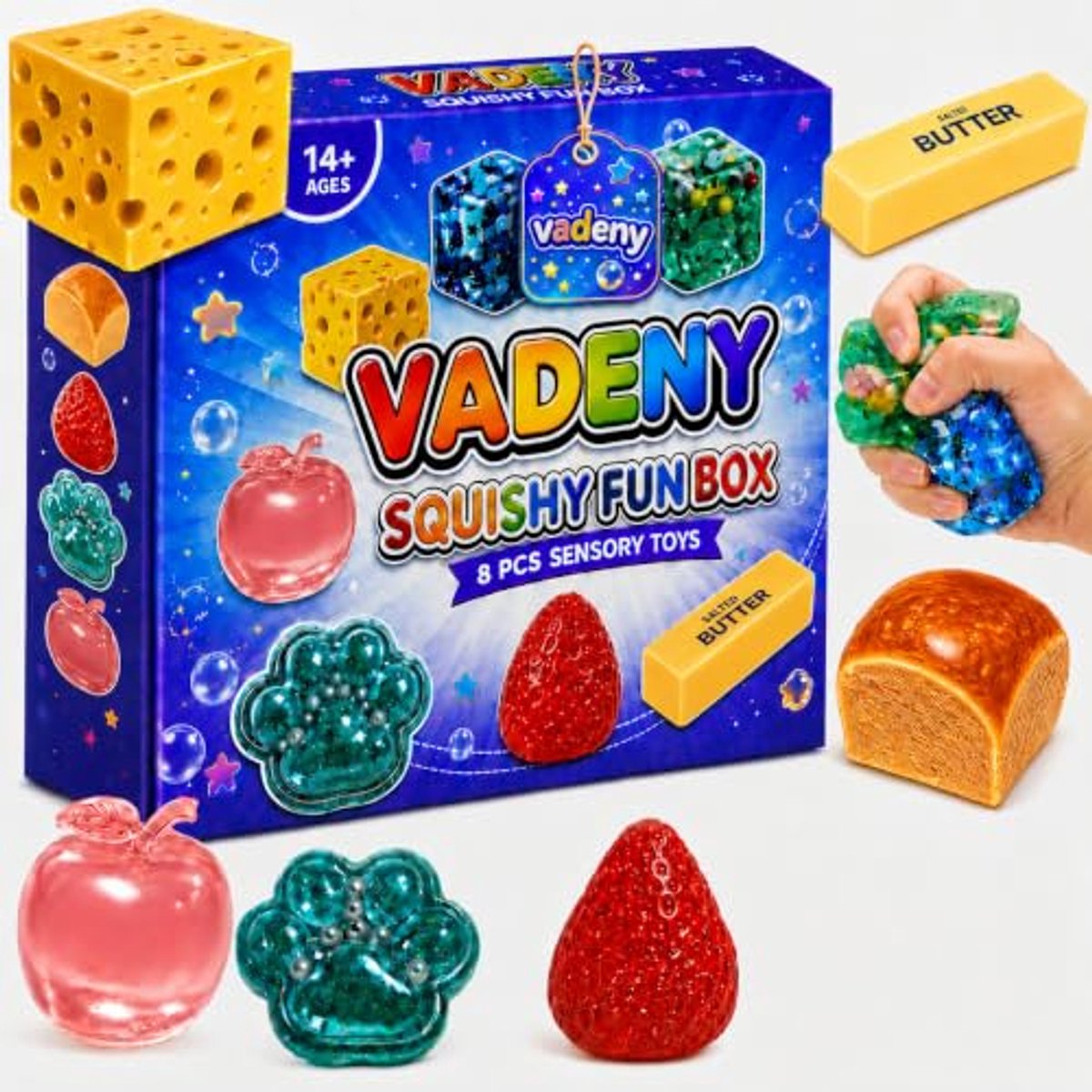 Squishy Fun Box 8 Pieces Squishy Pack Cheese Food Squishies Set Slow Rising Butter Strawberry Apple Bread Cat Paw Squishy Toys Squeeze Stress Balls for Adults
