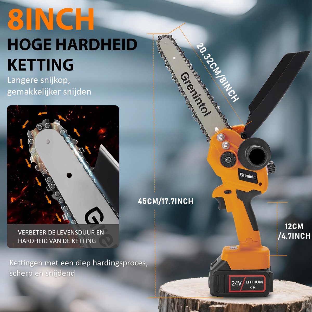 Grenintol Mini Kettingzaag - Snoeizaag - 8 inch - Kettingzaag - Snoeizaag voor Takken en Hout - Draadloze Elektrische Kettingzaag - 24V 9000mAh - 3 Accu's -Handzaag - Brushless Motor - Automatische Kettingsmering - 2 Kettingen & Opbergkoffer thumbnail 3