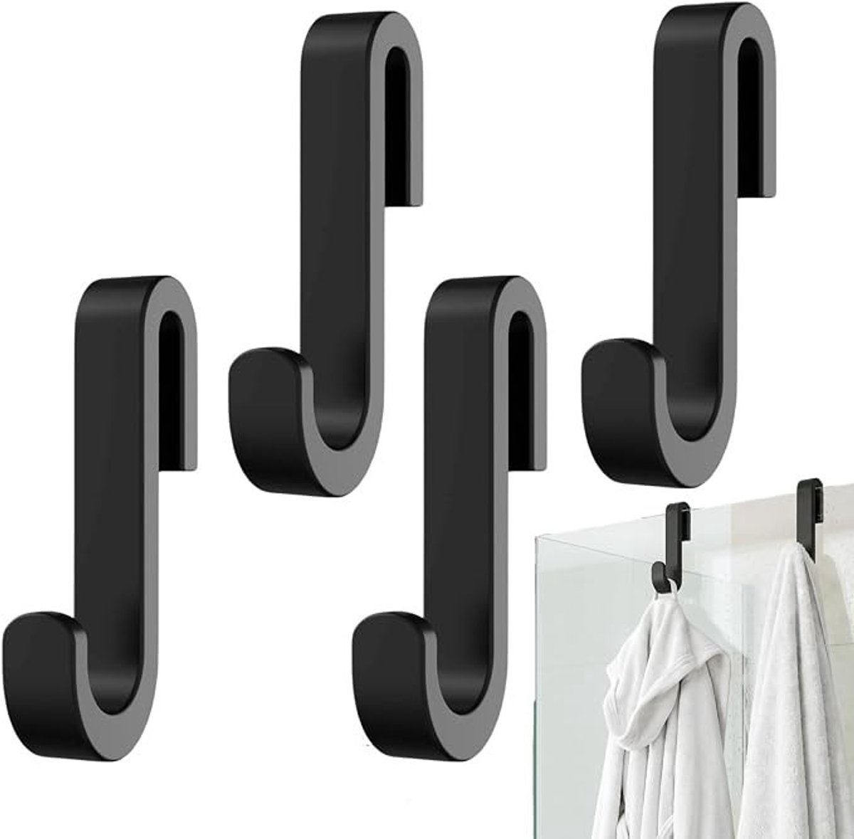 PolkaHome Handdoekhouder voor glazen douchewand - 4 stuks - S-vorm - Zwart