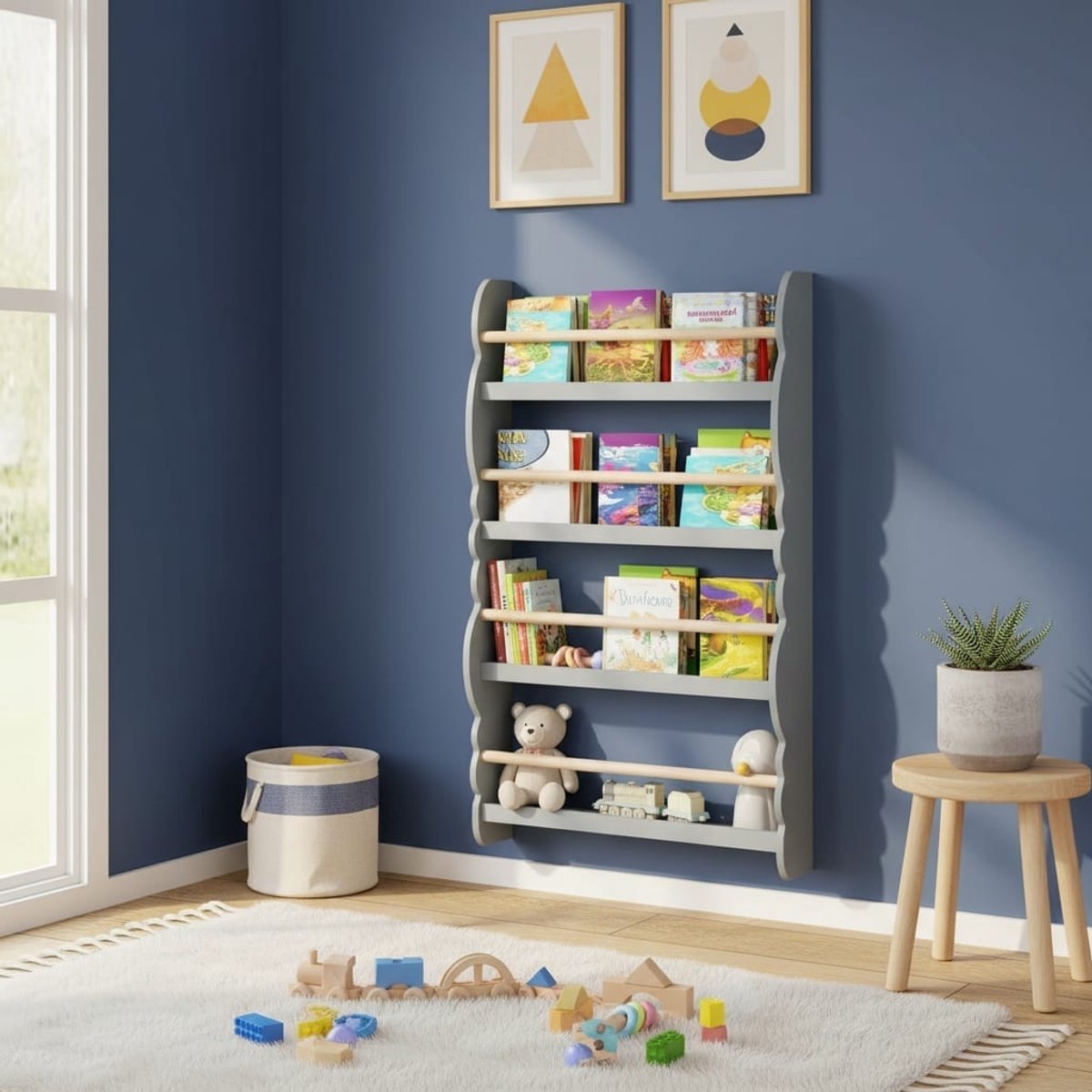 Klarven® Kinderboekenplank Grijs - 4 planken - Kinderen pakken zelf boeken, Wandmontage, Veilige eco-verf - Open opberging Montessori-stijl - B 60 x D 10 x H 98 cm
