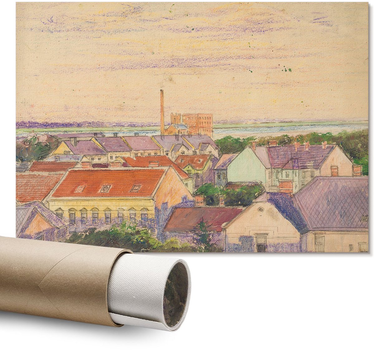 Coloray Polycanvas Wandposter – Stadszicht, Crème – A1 – Groen Kunstwerk – Rechthoek – Decoratieve Wandposter – Slaapkamer – Klassiek