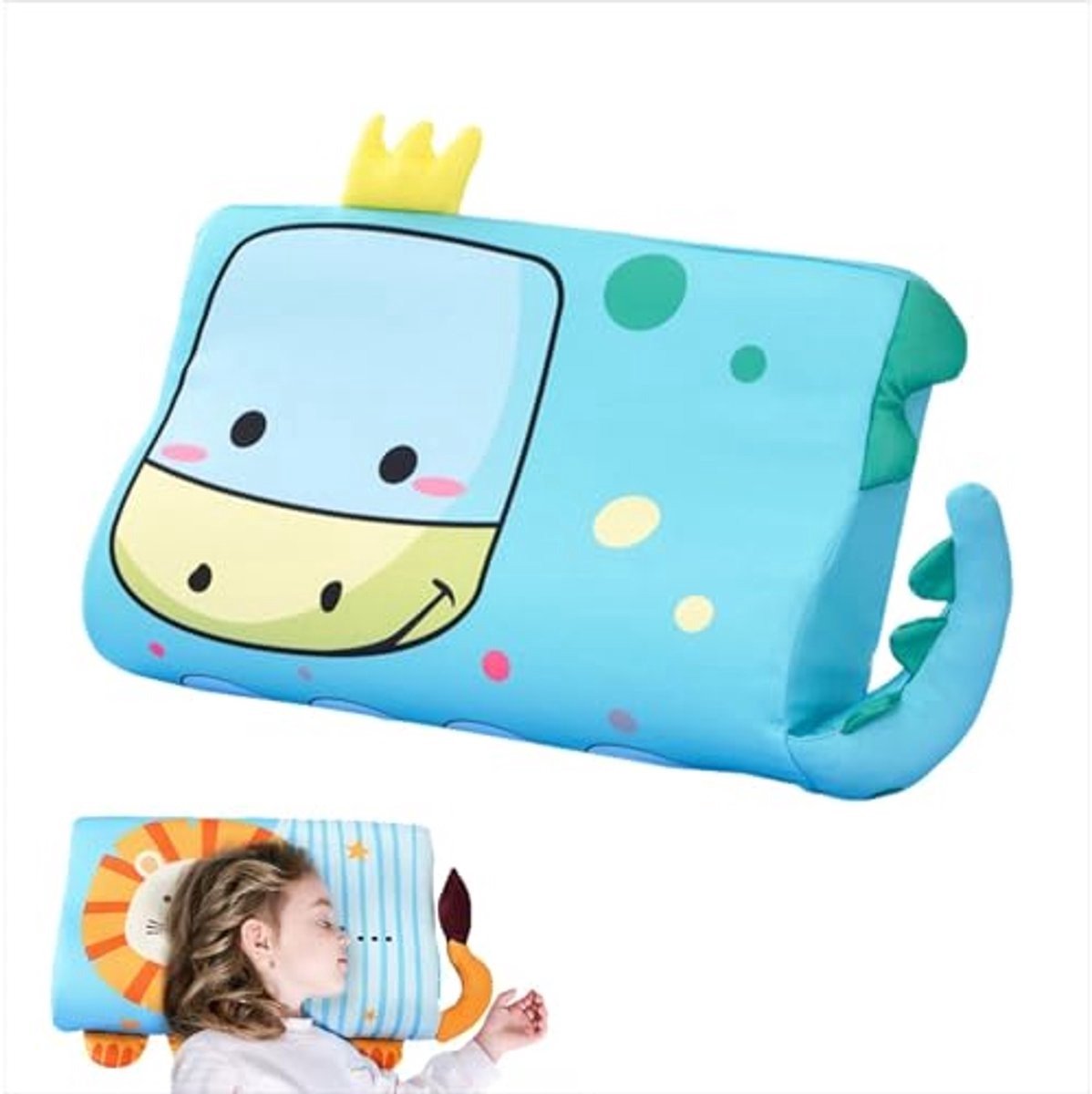 Casalora® Neck Support Pillow, Kids Cervical Cushion, Cartoon Cushion, Orthopedic Children Pillow with Cooling Ice Silk Material and Lightweight Design for Better Sleep, 15.75x9.84x2.76 Inches - Dinosaur